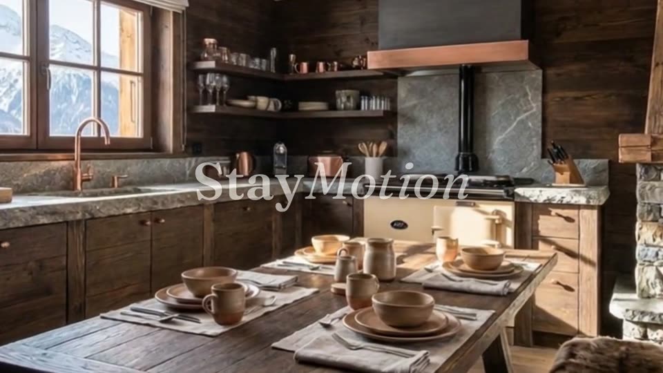 Still from a free StayMotion preview with watermark — chalet kitchen with fireplace