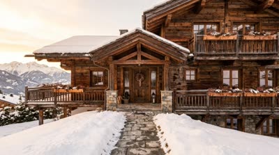 Chalet exterior in the snow at sunset — one of the photos a video is made from
