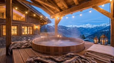 Hot tub on the chalet terrace at dusk with a view of the Alps
