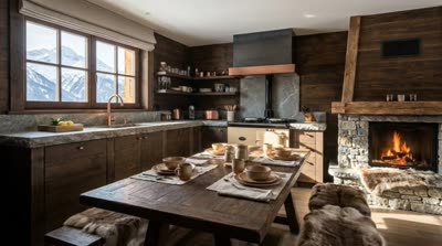 Chalet kitchen and dining table in dark wood