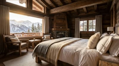 Chalet bedroom with wool blanket and open fireplace