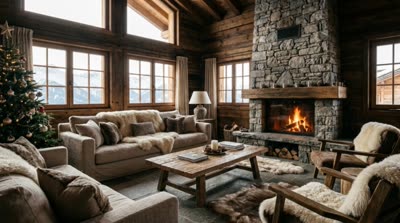Chalet living room with fireplace and mountain view